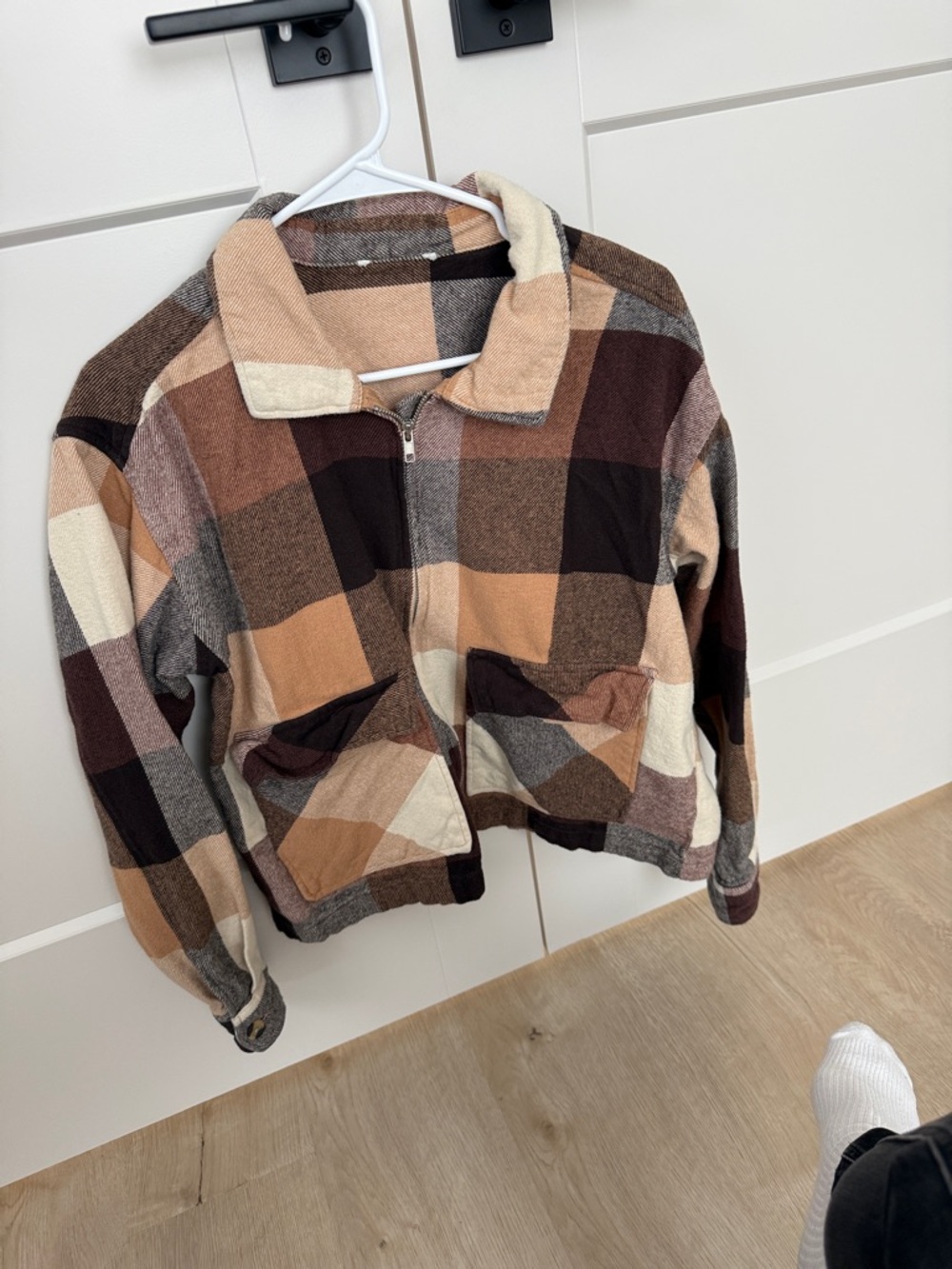 Plaid 100% cotton Teddy Zip-Up Jacket in Brown & Cream